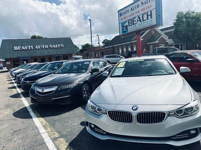 Beach Auto Sales lot on Virginia Beach Boulevard with rows of inspected pre-owned vehicles